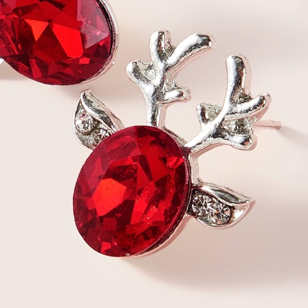Silver & Red Crystal Reindeer Stud Earrings - Picture 6 of 8